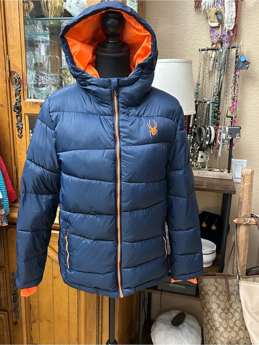 Spyder Navy Puffer Jacket with Orange Lining and Trim